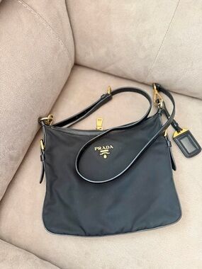Prada Black Nylon Shoulder Bag with Gold Accents